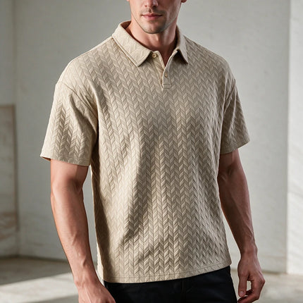 Men Textured Jacquard Polo Shirt Short Sleeve Loose Fit Versatile Daily Street Vacation Leisure Summer Casual Tops
