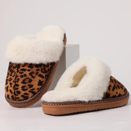 Evshine Fashion Fur Collar Fluffy Slippers Indoor Outdoor Winter Slippers Soft Plush House Shoes Women Leopard Fuzzy Slippers