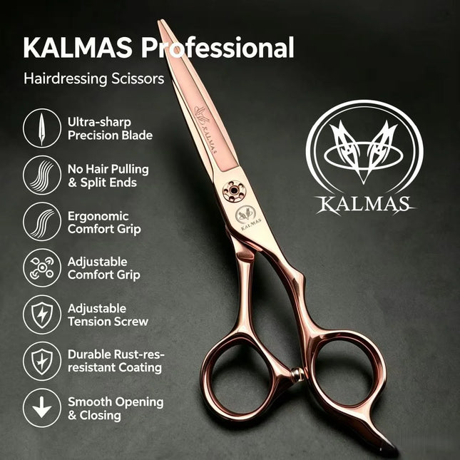 KALMAS Genuine VG10 Steel Rose Gold 6-inch Scissors Set, Suitable for Stylists' Hair Clippers with No Trace Teeth Clippers
