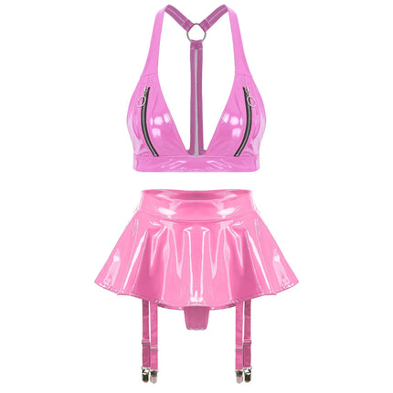 Womens Wet Look PU Leather Lingerie Set Push-up Underwire Cutout Short Sleeve Crop Top with Built-in Thongs Miniskirt Clubwear