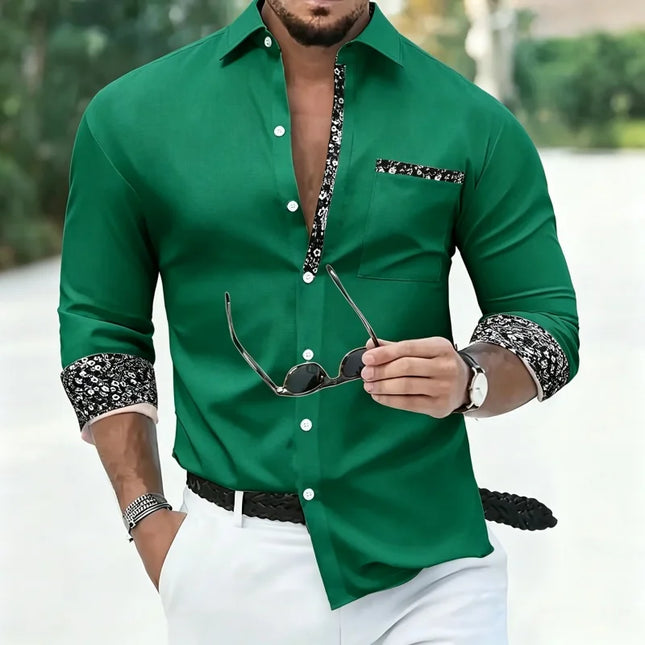 New Men's Casual Contrast Print Dress Shirt, Long Sleeve Turn-down Collar Tops with Floral Trim