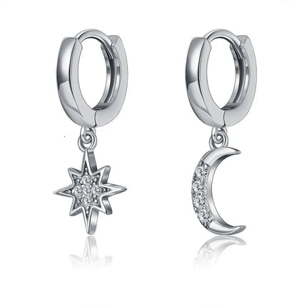 VENTFILLE 925 Sterling Silver CZ Star Moon Asymmetric Hoop Earrings for Women Girls Gold Silver Color Party Jewelry Gifts