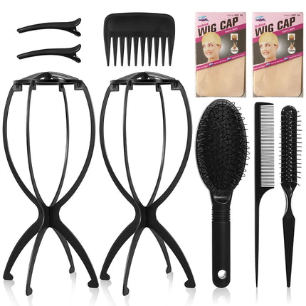 2 Pack Wig Head Stand with 4 PCS Wig Brush Comb, Travel Wig Holder Comb Set for for Women Multiple Wigs