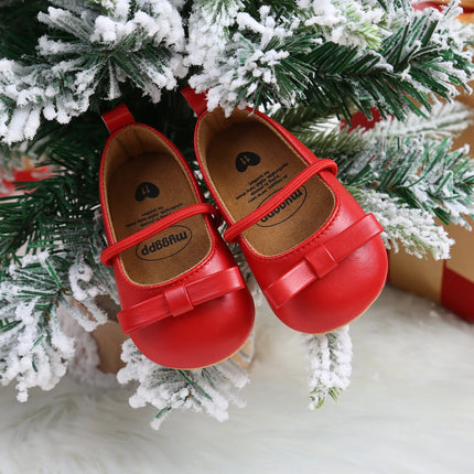 Christmas Baby Girls Mary Jane Flats with Bowknot Floral Princess Wedding Dress Shoes Soft Newborn Infant Crib First Walkers Pre