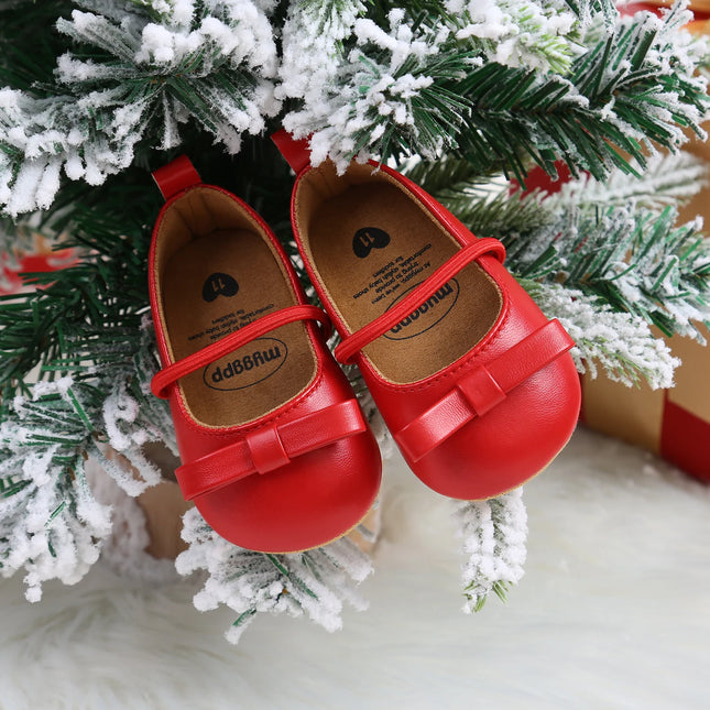 Christmas Baby Girls Mary Jane Flats with Bowknot Floral Princess Wedding Dress Shoes Soft Newborn Infant Crib First Walkers Pre