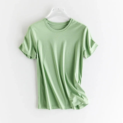 High-end New 10% Silk & Mercerized Cotton Women T-shirt Luxury Tee Short Sleeve Silky Feeling Summer Wear 2025 Tops V / O-neck