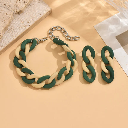 Vintage And Fashionable Acrylic Contrasting Chain Women's Earrings And Bracelet Set, Beautiful Wedding Party Jewelry