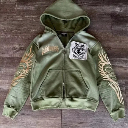 Y2K Fashion Retro Hoodie Harajuku Gothic Punk Graphic Embroidery Zipper Hoodie Hip Hop Men Women Versatile Casual Streetwear New