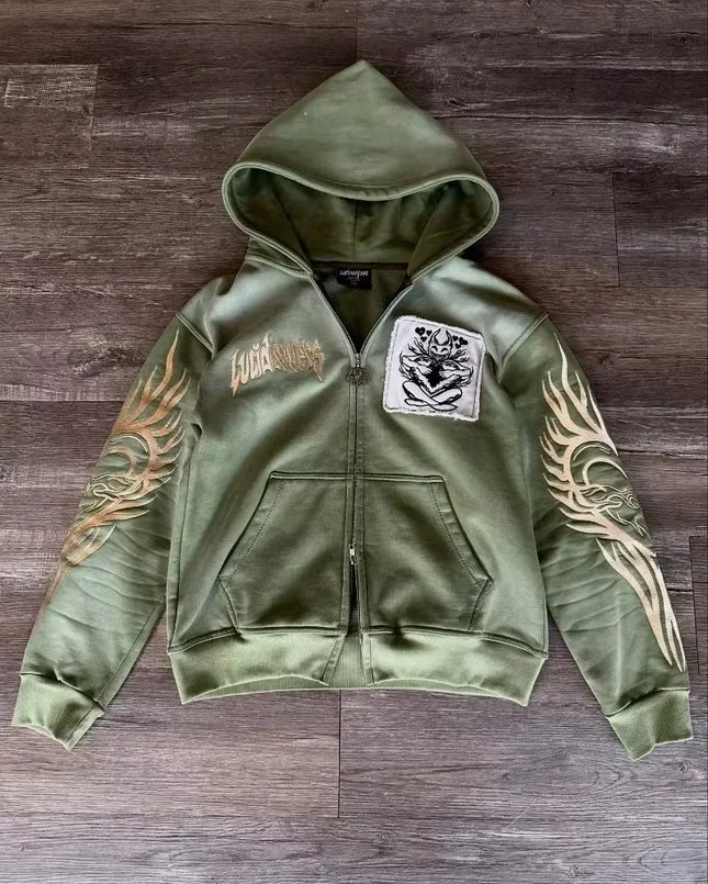 Y2K Fashion Retro Hoodie Harajuku Gothic Punk Graphic Embroidery Zipper Hoodie Hip Hop Men Women Versatile Casual Streetwear New