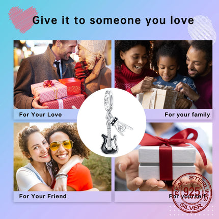 Hot Sale Rock Music Guitar Charms 925 Sterling Silver Dangle Pendant Fit Bangle Bracelet Necklace DIY Jewelry