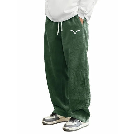 Comfort Mens Corduroy Wide Leg Trousers Wing Symbol Print Drawstring Waist Lightweight Casual Pants Double Side Pockets