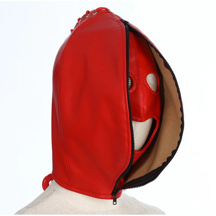 Leather Mask Full Face Double Layer Headgear Zip Head Hood Adjustable Lace-up Leather Bondage Masks Halloween Cosplay Party Mask