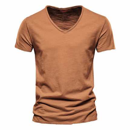 Brand Quality 100% Cotton Men's T-shirt V-neck Fashion Design Slim Fit Solid T-shirts Male Tops Tees Short Sleeve T-Shirt For Men
