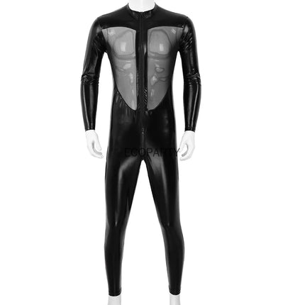 Men Faux Leather Stretch Catsuit Sexy Transparent Mesh Zipper Open Crotch Erotic Tight PVC Bodysuit  Fetish Costumes ecoparty