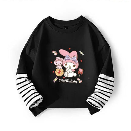 Autumn Baby Girls 100% Cotton Clothes Top Kid Sanrio Cinnamoroll Printed Long Sleeve T-shirts Children Stripe Patchwork Pullover