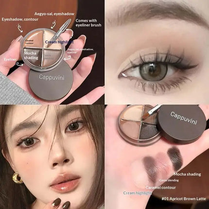 1Pc Eyes Makeup Set Cappuvini Matte Velvet Eyeshadow Palette 4 Colors with Eyeliner Highlighter And Contour Cute Beauty Cosmetic