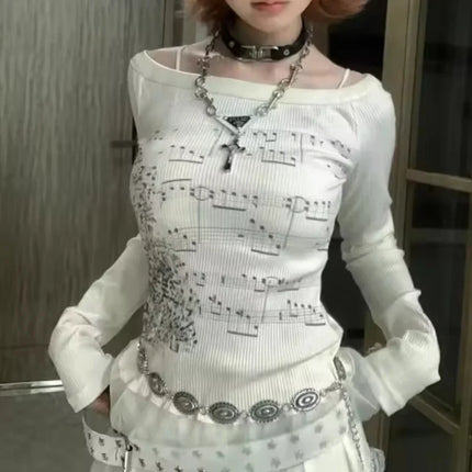 Women Y2K Graphic Long Sleeve Top Off Shoulder Music Score Tee Shirt Aesthetic Fairy Grunge T-Shirt 2025 Fall Streetwear