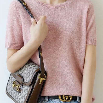Summer New Women's Knitted Short Sleeve T-shirt Thin Wool Cashmere Short Sleeve Loose Fit Round Neck Top Outerwear Straight Cut