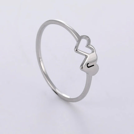 COOLTIME Initial Letter Ring for Women Stainless Steel A-Z Alphabet Double Heart Rings Fashion Wedding Anniversary Birthday Gift