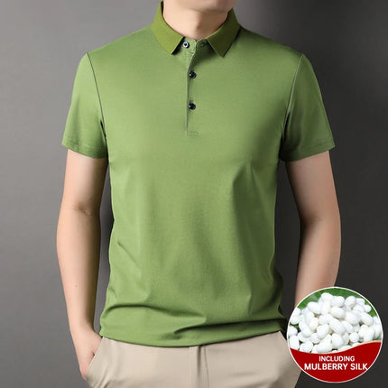 Top Grade 4.7% Mulberry Silk New Summer Brand Luxury Brand Polo Men Shirt Short Sleeve Plain Casual Tops Fashions Men Clothes