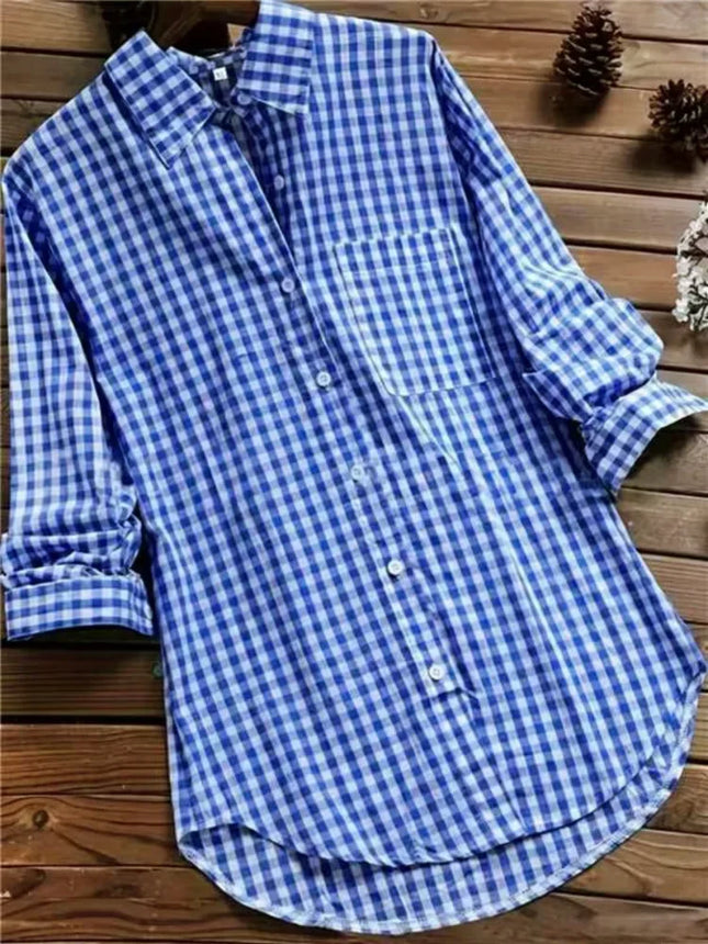 Plus Size Plaid Women's Spring Fall Cotton Linen Long Sleeves Roll Up Striped Casual V Neck Button Down Shirts Collar Tunic Tops