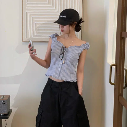 Korean Sle ort Striped Vest Women Summer Outerwear Subtle Design Single Button Lobone Trendy Age-Defng Top
