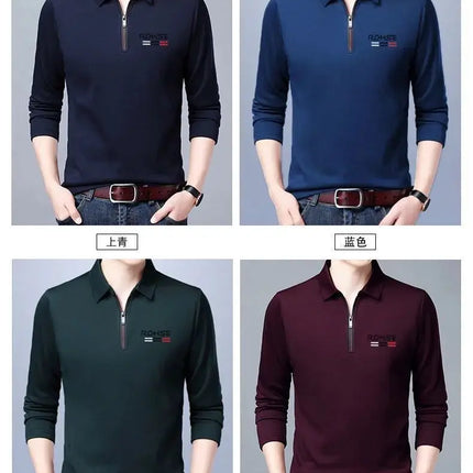 Spring Autumn New Business Half Zipper Polo Shirt Long Sleeve Solid Casual All-match Tops Tees Fashion Vintage Men Clothing