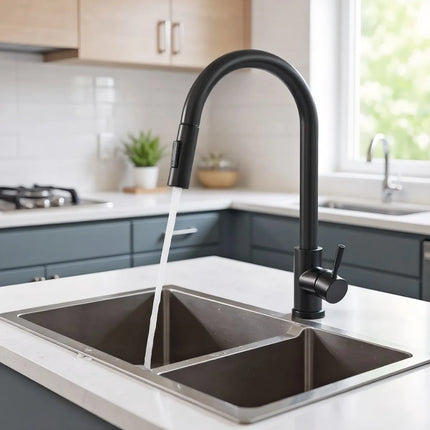 Brushed black rotating kitchen sink faucet, single hole, single handle, pull-out sprayer/mixer faucet