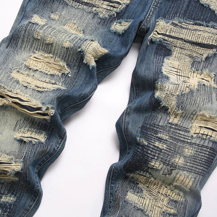 Men Ripped Denim Jeans Holes Distressed Patchwork Beggar Pants Embroidery Loose Straight Trousers