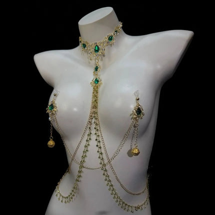 Emerald-Green Rhinestone Nipple Clamp Chain Body Chain Collar in One Piece with Palace Bell Pendant BDSM Couple Teasing Sex Toy