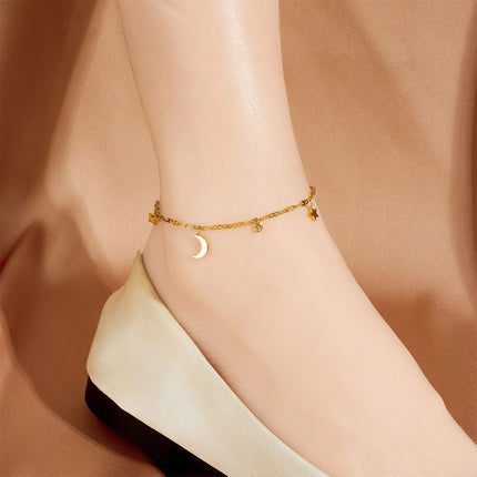Hot Sell Exquisite Gold Color Stainless Steel Small Round Zircon Star Moon Pendant Anklets for Woman Korean Summer Beach Jewelry