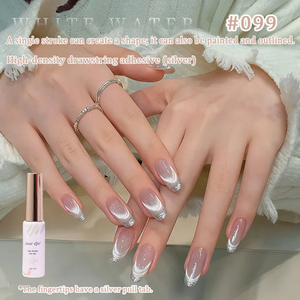 Icy Clear White Cat Eye Nail Polish Gel, French Porcelain White with Glitter and Glass Bead Outline, Cat Eye Nail Art Gel
