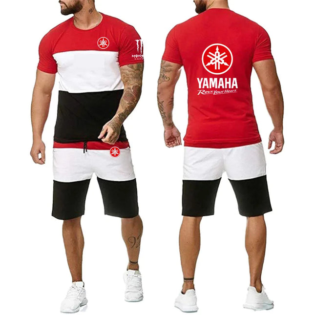 Yamaha  Logo Men's short sleeved T-shirt and shorts, two-piece sports set, summer, fashionable set, comfortable casual set, spor