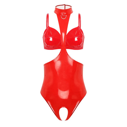 Womens Glossy Halter Cutout Crotchless Bodysuit And Bra Lingerie Set Open Chest Teddies Wet Look Faux Leather Rave Clubwear