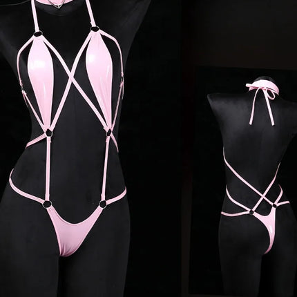 Women Patent Leather Harness Lingerie with Heart Choker Open Back Crotch less Erotic Bodysuit Intimate Club wear for Night Party