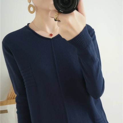 2023 Autumn/Winter Women's New Pullover Casual Solid 100% Cotton Knitted V-Neck Loose Sweater Fashion Soft Breathable Top