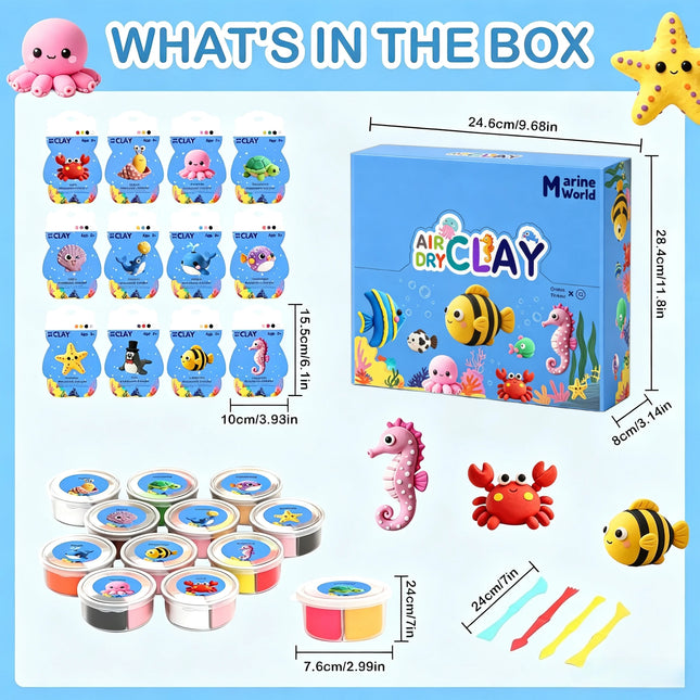 Air Dry Clay Kit, 12 Ocean Animal Molds, full DIY tools & tutorials, soft non-sticky clay, creative kids gift for Children’s Day