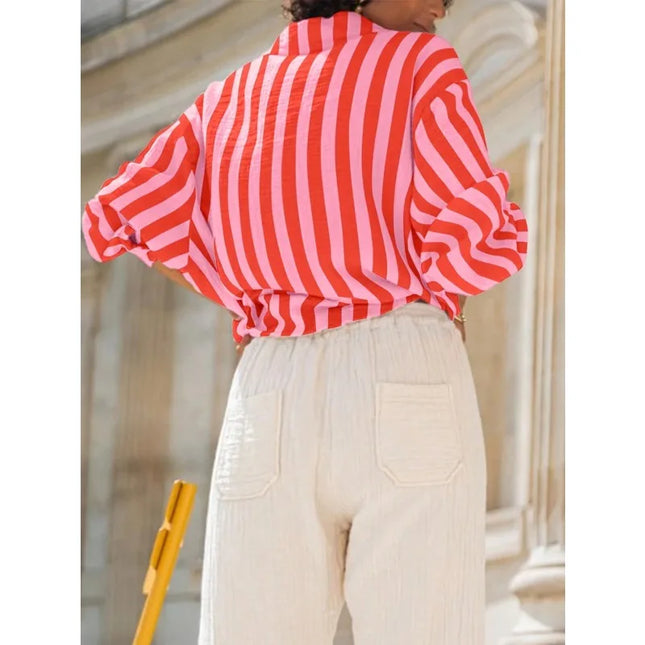 Plus Size 1XL-5XL Summer Women Turn-down Collar Shirt Vertical Striped Long Sleeve Lady Casual Blouse Top