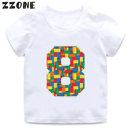 Building Blocks Bricks Number Bow Print Cartoon Boys Clothes 1 2 3 4 5 6 7 8 9 Years Birthday Kids T-shirt Baby Girls T-Shirts
