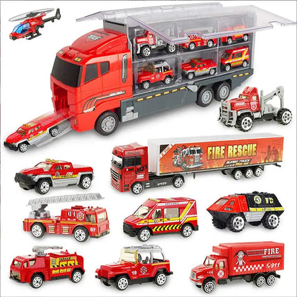 10 in 1 Big Trucks Set Mini Alloy Diecast Car Model Toys Vehicles Carrier Truck Helicopter Tank Fire Truck Engineering Car Toys