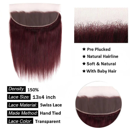 99J 13x6 Lace Frontal Only 4x4 Straight Lace Closure Transparent Swiss Lace 100% Human Hair Pre-Plucked With Baby Hair