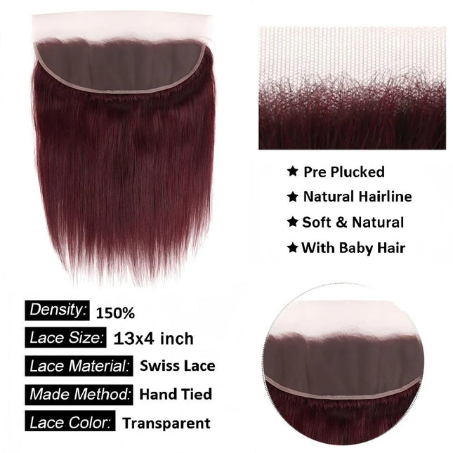 99J 13x6 Lace Frontal Only 4x4 Straight Lace Closure Transparent Swiss Lace 100% Human Hair Pre-Plucked With Baby Hair