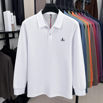 100% Pure Cotton Men's New Long Sleeve Polo Spring Business Golf Versatile Luxury Comfortable Delicate Sailboat Embroidered Top