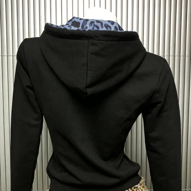 European and American Style Trendy Simple Versatile Y2K Letter Print Blue Leopard Print Brim Zipper Hoodie Jacket