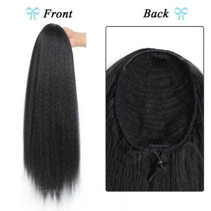 Synthetic Yaki Drawstring Ponytail Extension with Bangs Long Yaki Straight Clip in Ponytails Extension Hairpiece for Daily Use