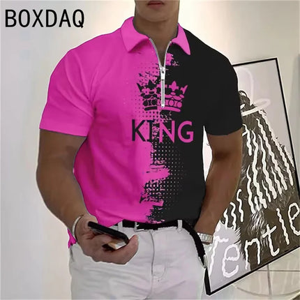 3D King Printed Polos Summer Short Sleeve Turndown Collar Casual Tops Fashion Oversized Men High Quality Zipper Pullover Polos