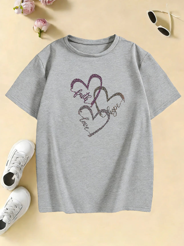 Leopard Print with Love Heart T-Shirts Kids Children's T-shirt Boys Girls Summer Spring Casual Top Tee Shirt