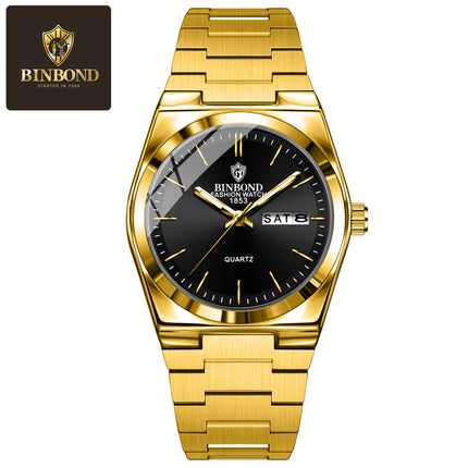 BINBOND 102 Couple Quartz Watch Men's Original Watch Waterproof Night Light Date Week Stainless Steel Men's and Women's Watch