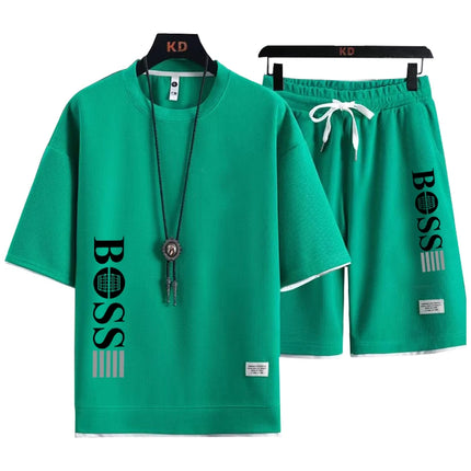2026 Summer New Arrival Men's Casual Fashion Printed Bear Outdoor Sports Loose Quick-Drying Short-Sleeve T-Shirt + Shorts Set