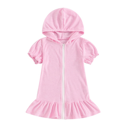 Girls Swimwear Cover-ups Solid Color Short Sleeve Zipper Ruffle Beach Dress Toddler Bathing Suit Kids Bikini Cover Up 1-8Y